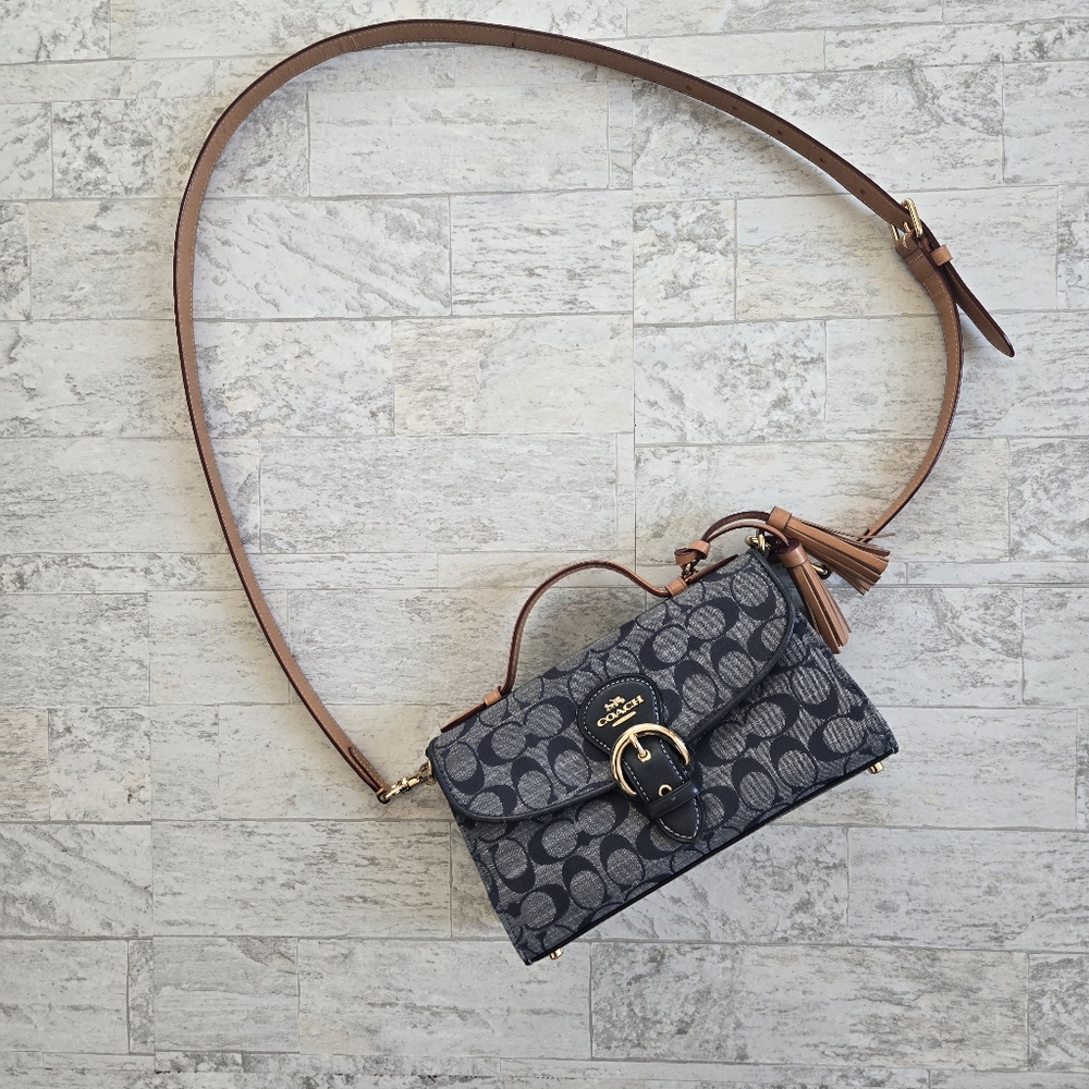 Coach Navy Signature Canvas Crossbody with Tan Leather Trim - Picture 2 of 14